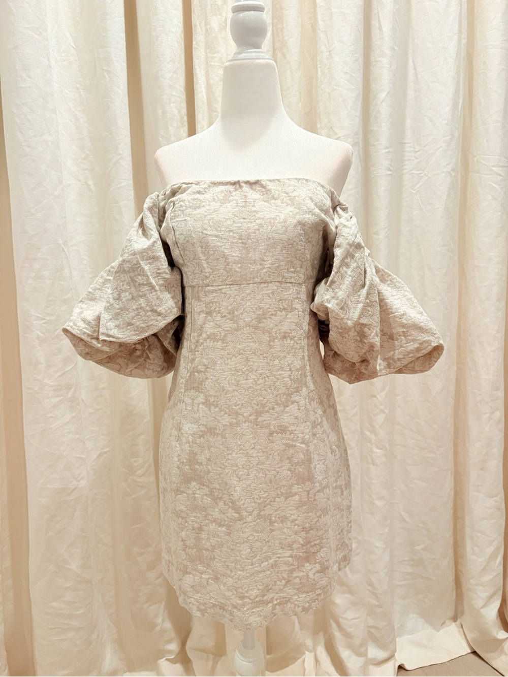 Matty M Neutral Floral Strapless Dress with Statement Puff Sleeves
